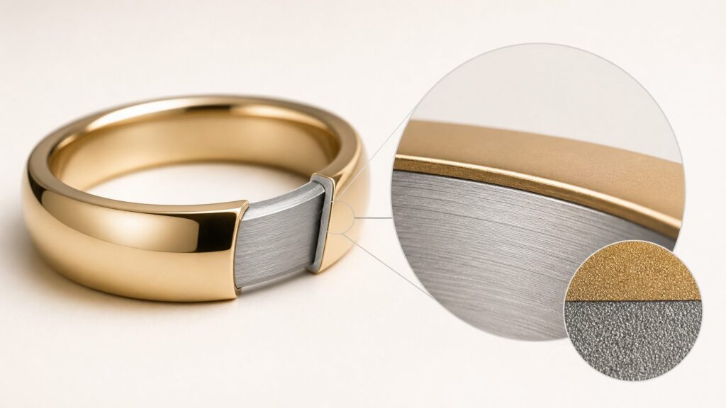 Illustration of a PVD coating layer on a stainless steel jewelry surface