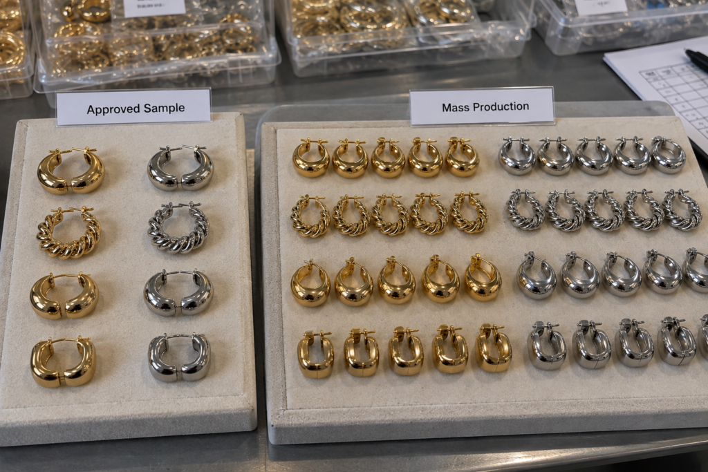 Gold- and silver-tone jewelry production pieces compared with the approved samples.