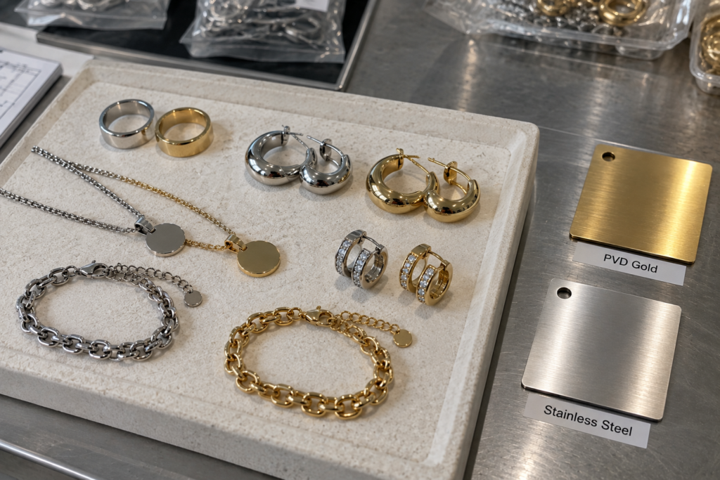 Stainless steel jewelry samples beside PVD Gold and Stainless Steel color reference swatches.