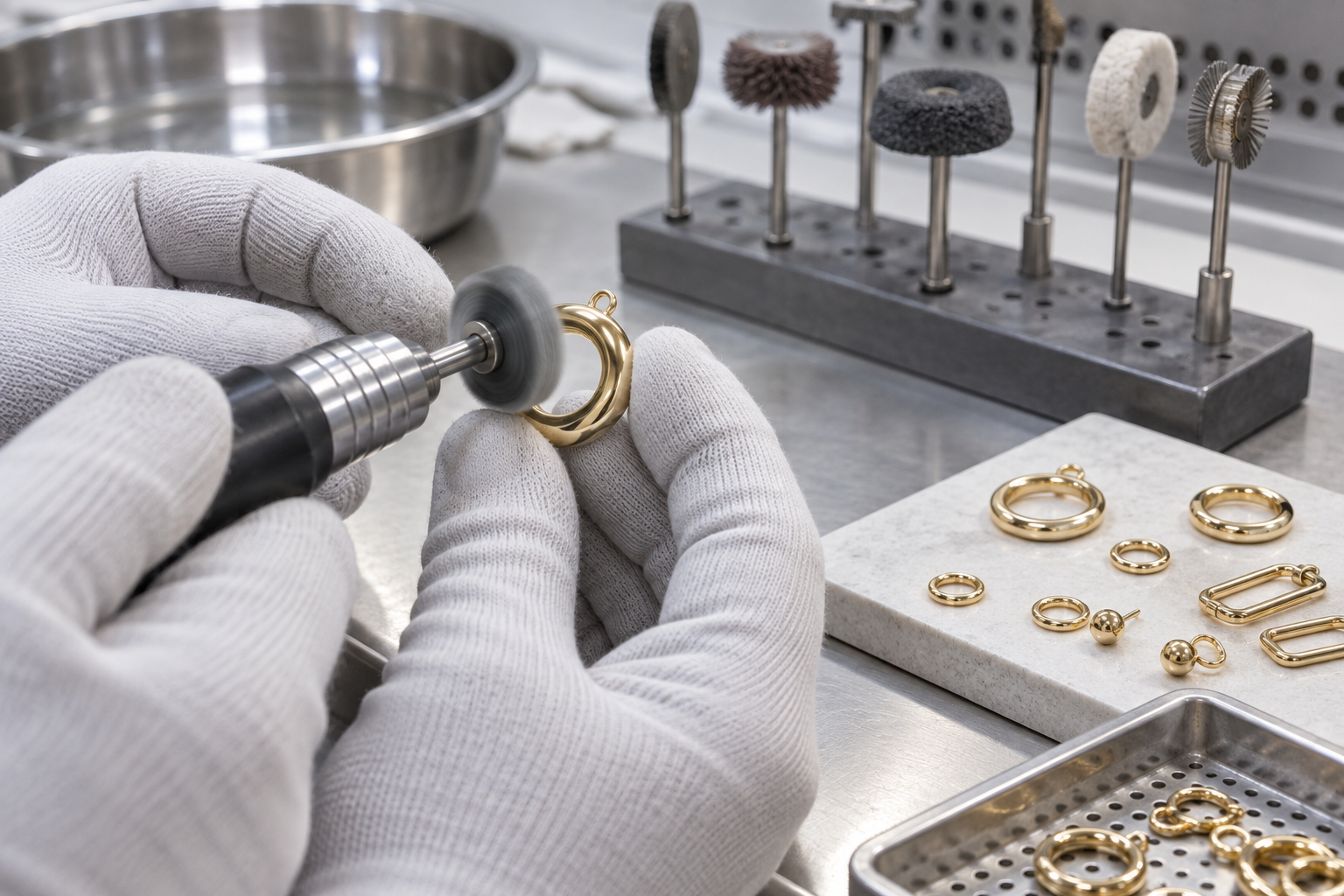 Jewelry components being polished and prepared before gold plating
